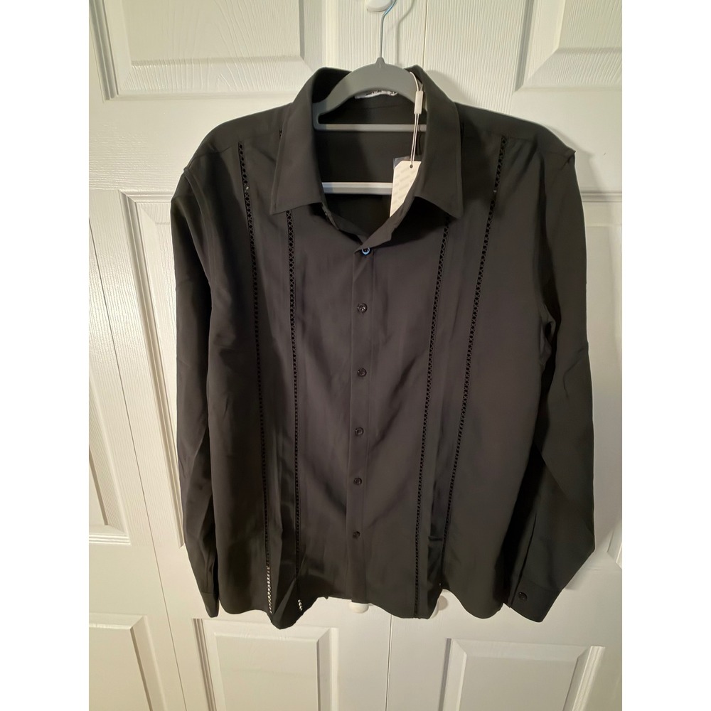 COOFANDY Mens Black Long Sleeve Button Down Shirt Crochet Lace Trim Size M NWT